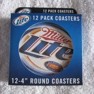 12 Pack Boxed Miller Lite 4 Inch Round Coasters Officially Licensed Pulp Board